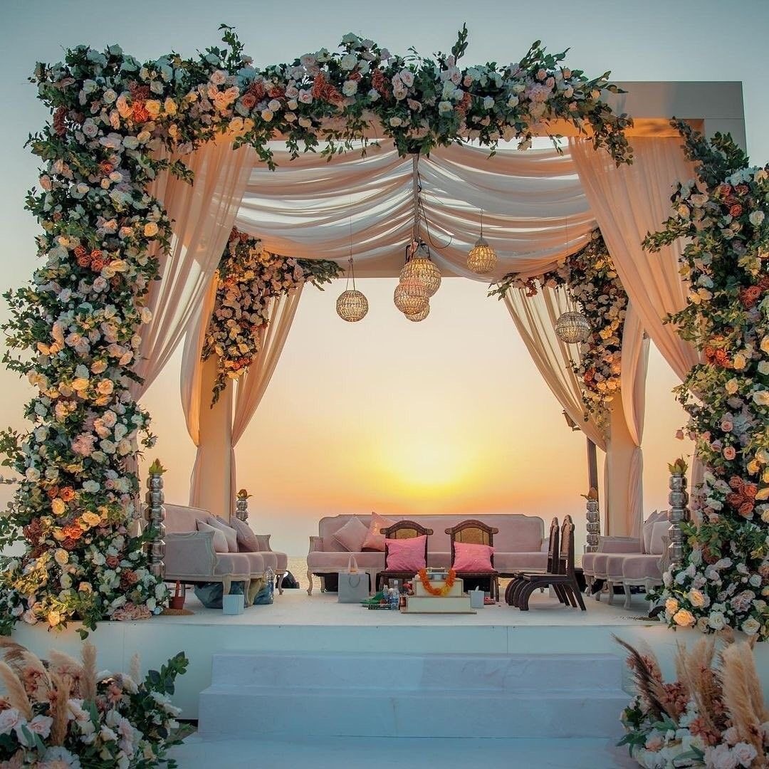 Elegant background with hanging flowers and stage setup